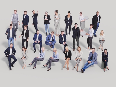 High-precision business people stand and sit