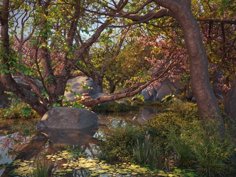 Big Tree Stone Landscape Flower Tree Stone Waterside Aquatic Plants