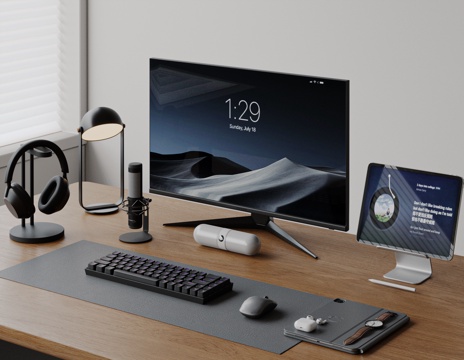 Modern Computer Monitor Headset Mouse Keyboard Tablet Desk Lamp Office Supplies