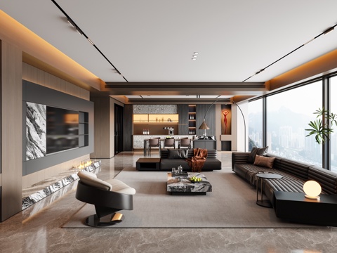 Modern Italian Living&Dining Room Sofa Coffee Table Dining Table and Chair Chandelier TV Wall Wine Cabinet