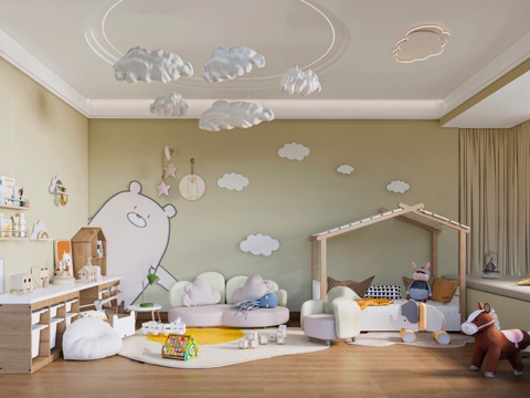 Modern children's toy room children's activity room carpet children's toy doll venetian blinds sand