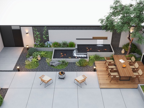Modern Garden Landscape Courtyard Garden Courtyard Waterscape Outdoor Lounge Chair Outdoor Dining Table