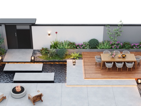 Modern Garden Landscape Courtyard Garden Courtyard Waterscape Outdoor Lounge Chair Outdoor Dining Table