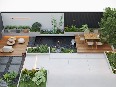 Modern Garden Landscape Courtyard Garden Courtyard Waterscape Outdoor Lounge Chair Outdoor Dining Table