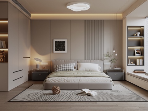 Modern Cream Style Home Bedroom Master Bedroom Second Bedroom Bay Window Bedroom Double Bed Wardrobe