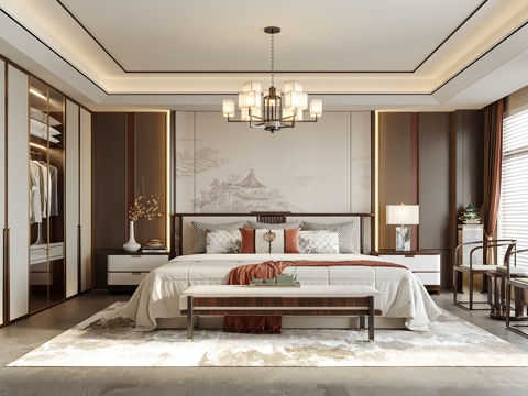 Neo-Chinese Style Bedroom Double Bed Bed End Stool Bedside Table Bedroom Chandelier Table Lamp