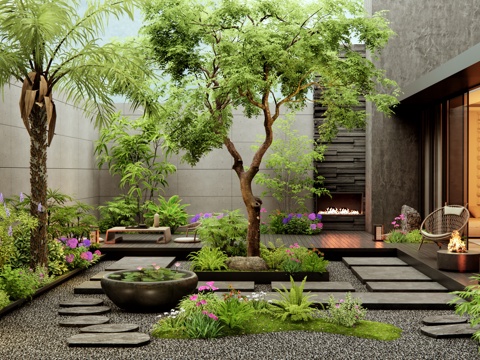 Modern Villa Courtyard Garden Plant Landscaping Flowers and Plants Landscape Trees Plant Landscape Ting Step