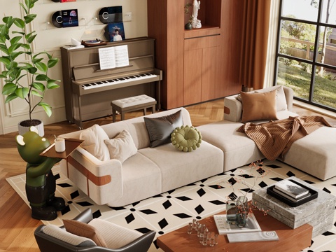Middle Ancient Sofa Combination Living Room Sofa Coffee Table Combination Mid-century Style Living Room Middle Ancient Style Multi-Person Sofa