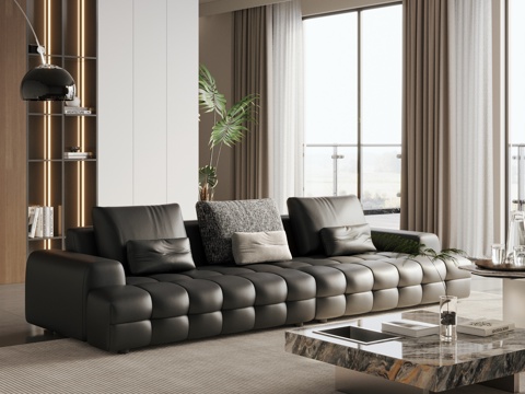 Italian Style Simple Sofa Large Black Cow Sofa Leather Sofa In-line Sofa