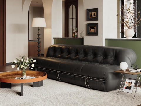 Modern Middle Aged Black Sofa Combination Leather Coffee Table