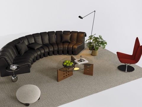 Black Leather Sofa Coffee Table Carpet Casual Chair Low Stool Side Table