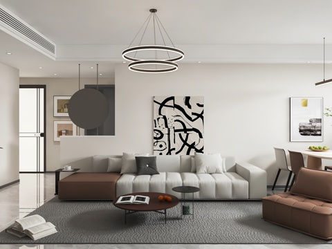 Modern Living&Dining Room Open Kitchen Dry Area Small Apartment Black and White Grey