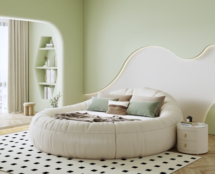 Modern Cream Big Round Bed Hotel Apartment Round Bed Couple Round Bed Bedside Cabinet Double Bed