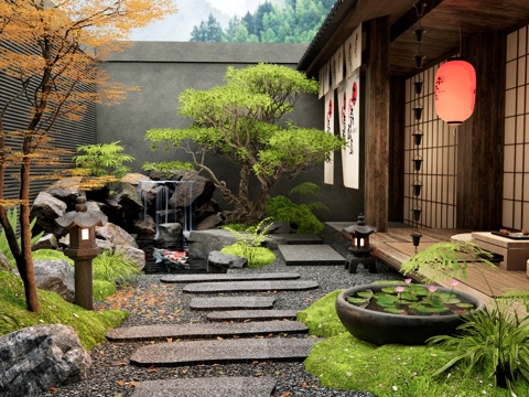 Japanese-style Zen Garden Landscape rockery waterscape bluestone tingbu bryophytes water bowl rain chain