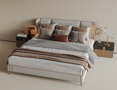 Modern Affordable Luxury Style Double Bed Fabric Double Bed Light Luxury Bedside Table