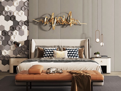 Modern Affordable Luxury Style Double Bed Combination Bedside Table Wall Decoration