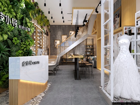 Industrial style wedding dress shop green plant wall photo album display wedding dress