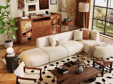 Middle Ancient Sofa Combination Living Room Sofa Coffee Table Combination Mid-century Style Living Room Middle Ancient Style Multi-Person Sofa