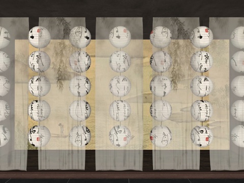 New Chinese Lantern Antique Lantern Gauze Curtain Partition Zen Ink Painting Gauze Curtain Chinese Decorative Lantern