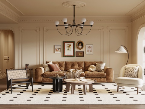 Living room French cream style living room sofa Wall sofa coffee table combination