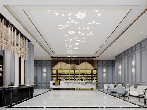Neo-Chinese Style Modern Sales Department Hall Reception Chair Tea Table and Chair Chandelier New Chinese Style Ornaments Wall Lamp Decorative Cabinet