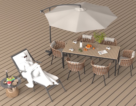 Outdoor Leisure Area Terrace Arrangement Courtyard Furniture Sunshade Rattan Table and Chair Outdoor Recliner