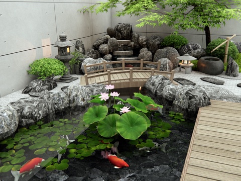 New Chinese-style rockery waterscape fishpond flowing water landscape stone landscape lotus aquatic plants