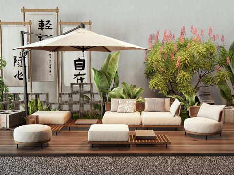 Modern outdoor sofa plant combination camping outside shrub plant pile flowers and plants