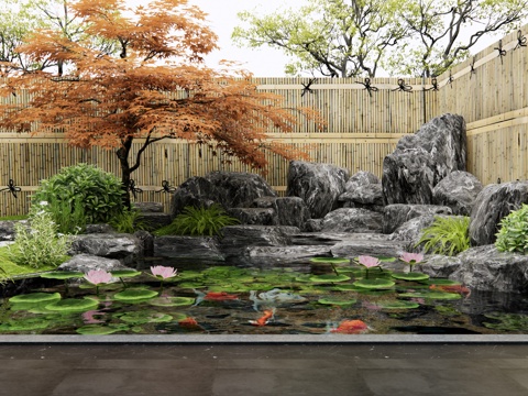 New Chinese-style rockery waterscape lotus fish pond stone stacked water landscape courtyard sketch red maple