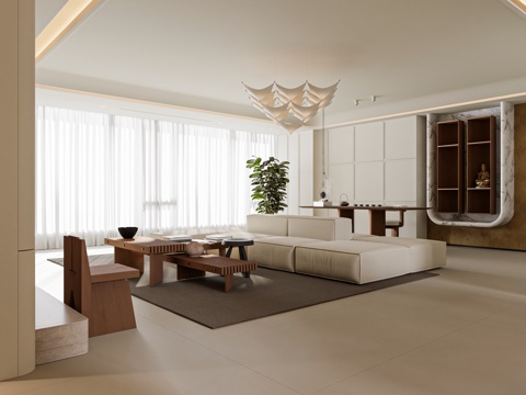 Modern Middle Ancient Living&Dining Room Cream Mid-century Style Living Room Large Flat Floor Living Room Chandelier Tea Room