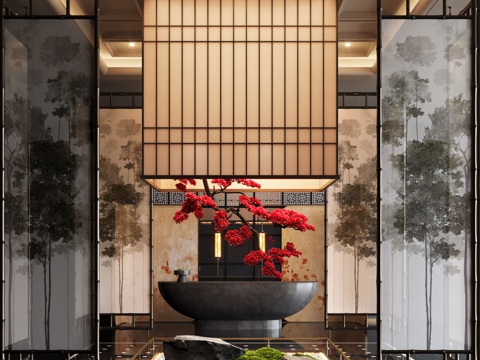 New Chinese Lobby Hotel Lobby Reception Plant Landscape Plant Device Screen