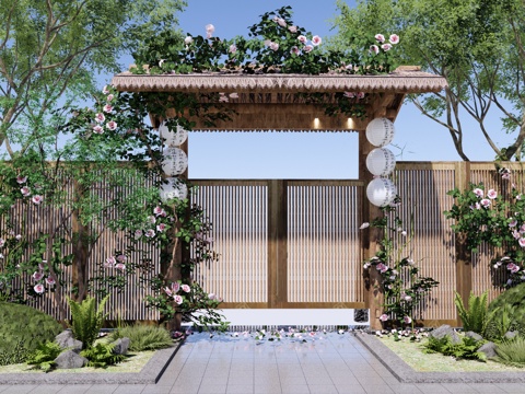 Chinese Country Courtyard Door Rose Rose Rose Vine Climbing Vine Plant Homestay Small Courtyard Door Courtyard Door Wall