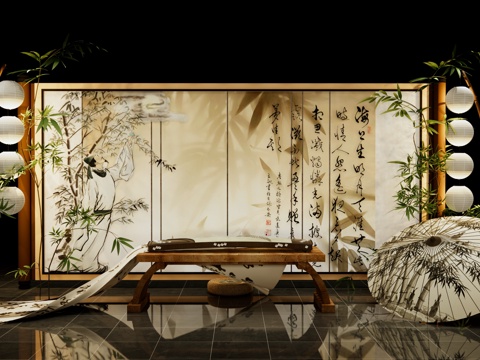 Bamboo Forest Scroll Beautiful Chen Chinese Bamboo Shadow Screen Guqin Oil Paper Umbrella Paper Lantern Chinese Style Art