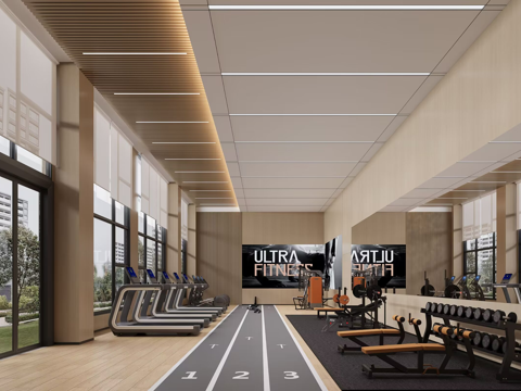 Modern activity room_gym_modern_treadmill_barbell_hall