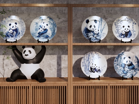 Neo-Chinese Style Porcelain Ornaments Blue and White Porcelain Porcelain Plate Giant Panda Decoration Art Exhibition Cabinet Bear