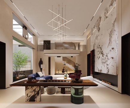 Modern villa living room_black and white gray living room_living room without main lamp_underground reception room