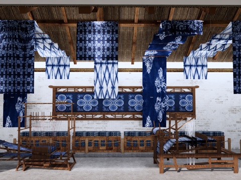Modern Ethnic Tie-Dye Intangible Cultural Heritage Exhibition Hall Batik Fabric Gauze Curtain Exhibition Hall Ceiling