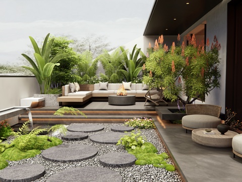 Modern Villa Roof Garden Courtyard Garden Outdoor Sofa Flowers and Plants Plant Combination