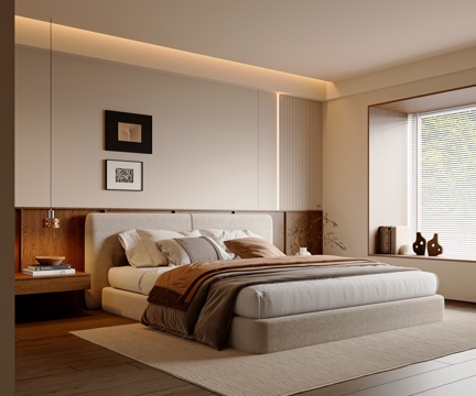 Modern Mid-century Style Bedroom Double Bed Hanging Painting Chandelier Master Bedroom Middle Style Bedroom Ornaments