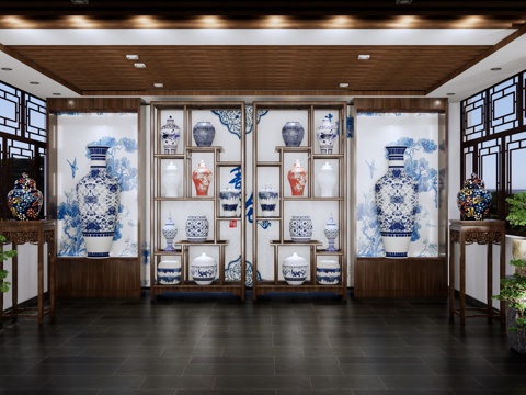 New Chinese Blue and White Porcelain Museum Ceramics Exhibition Hall Porcelain Exhibition Hall Antique Shop Antique Collection Room