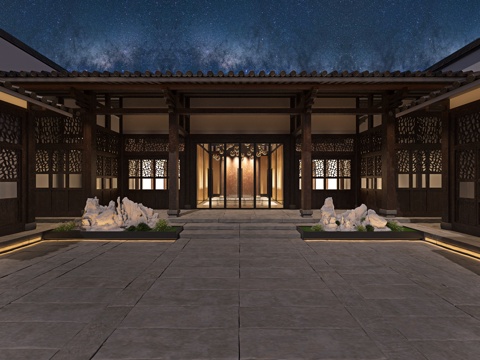Chinese Courtyard Outdoor Landscape Starry Night View Eaves Flower Window Floor Light Tea Room Bonsai