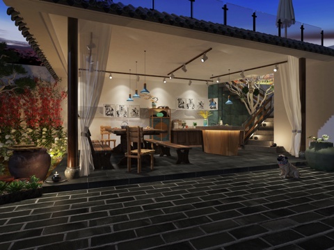 New Chinese Homestay Courtyard Simple Western DiningRoom Ornamental Garden Vegetable Land