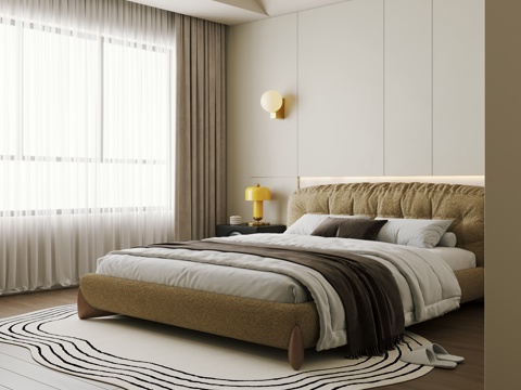 Cream Retro Style Bedroom Bay Window Bedroom Master Bedroom No Master Lamp Bedroom