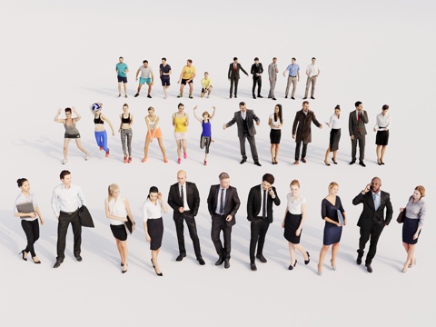 Modern three-dimensional character multi-person office leisure character sitting posture squat posture character combination