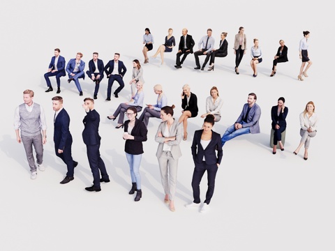 Modern three-dimensional character multi-person office leisure character sitting posture squat posture character combination