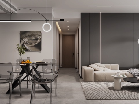 Modern Black and White Grey DiningRoom Black and White Grey Sofa Modern Dining Table and Chair Hanging TV Cabinet