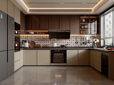 Modern Mid-century Style Kitchen Cabinet Kitchenware Kitchen Appliances Stove Refrigerator