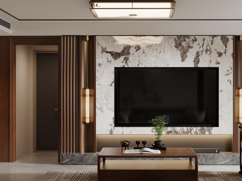 New Chinese Living&Dining Room TV Wall Entrance