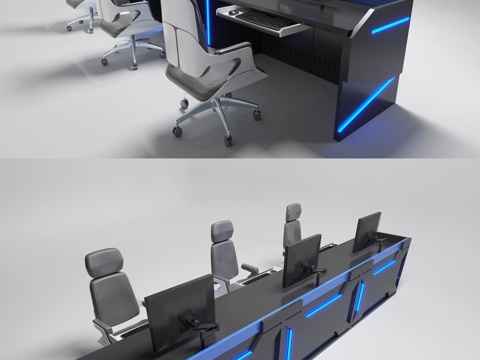 Modern Workbench Command Center Console Office Desk and Chair Monitoring Table