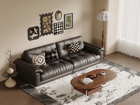 French retro style multi-person sofa leather sofa coffee table hanging picture